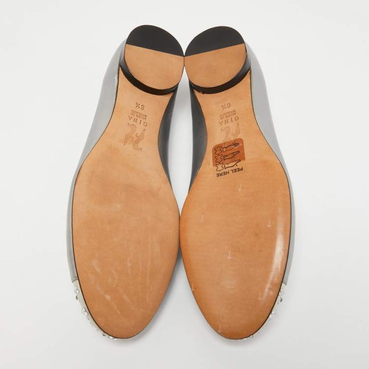 Pre Owned Gina Metallic Two Tone Leather and Satin Crystal Embellished Cap Toe Bow Ballet Flats Size 39.5