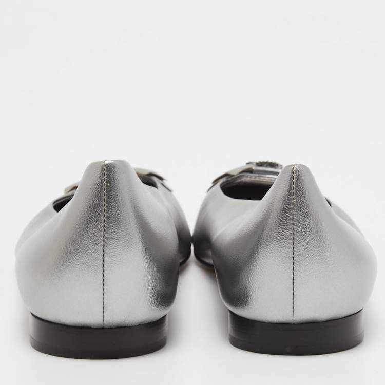 Pre Owned Gina Metallic Two Tone Leather and Satin Crystal Embellished Cap Toe Bow Ballet Flats Size 39.5