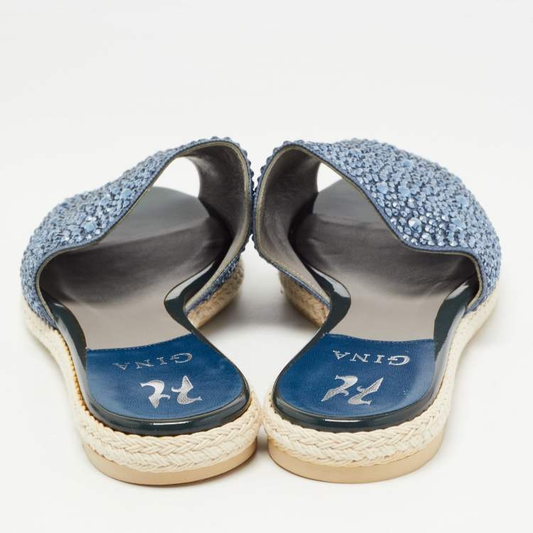 Pre Owned Gina Blue Satin Crystal Embellished Espadrille Flat Slides Size 40 