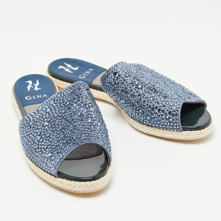 Pre Owned Gina Blue Satin Crystal Embellished Espadrille Flat Slides Size 40 