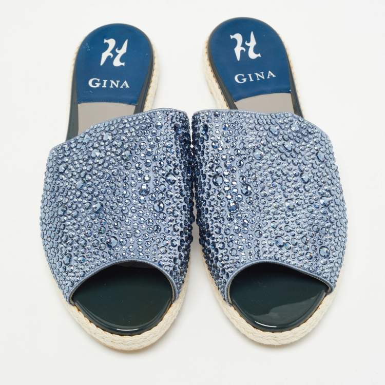 Pre Owned Gina Blue Satin Crystal Embellished Espadrille Flat Slides Size 40 