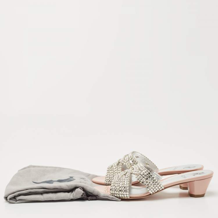 Pre Owned Gina Pink/Silver Patent Leather Crystal Embellished Slides Size 39