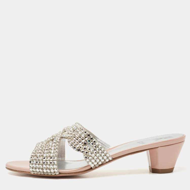 Pre Owned Gina Pink/Silver Patent Leather Crystal Embellished Slides Size 39