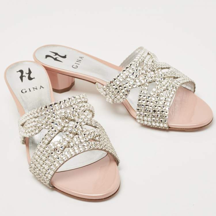 Pre Owned Gina Pink/Silver Patent Leather Crystal Embellished Slides Size 39