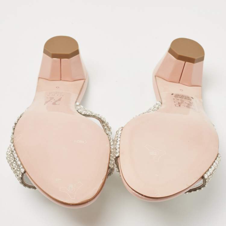 Pre Owned Gina Pink/Silver Patent Leather Crystal Embellished Slides Size 39
