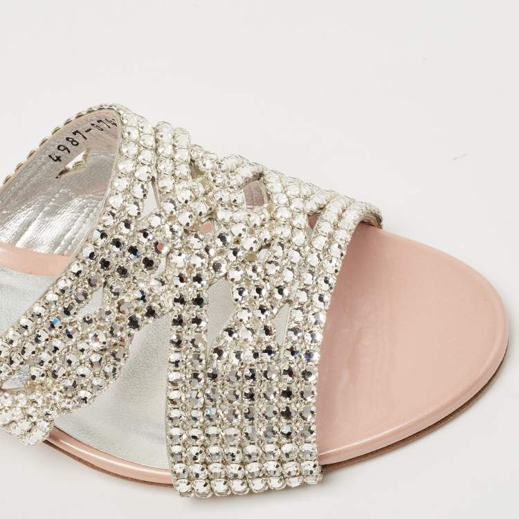 Pre Owned Gina Pink/Silver Patent Leather Crystal Embellished Slides Size 39