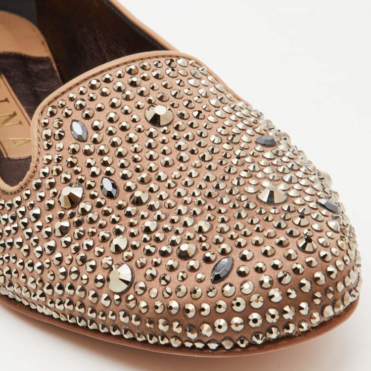 Pre Owned Gina Brown Crystal Embellished Satin and Leather Smoking Slippers Size 38.5
