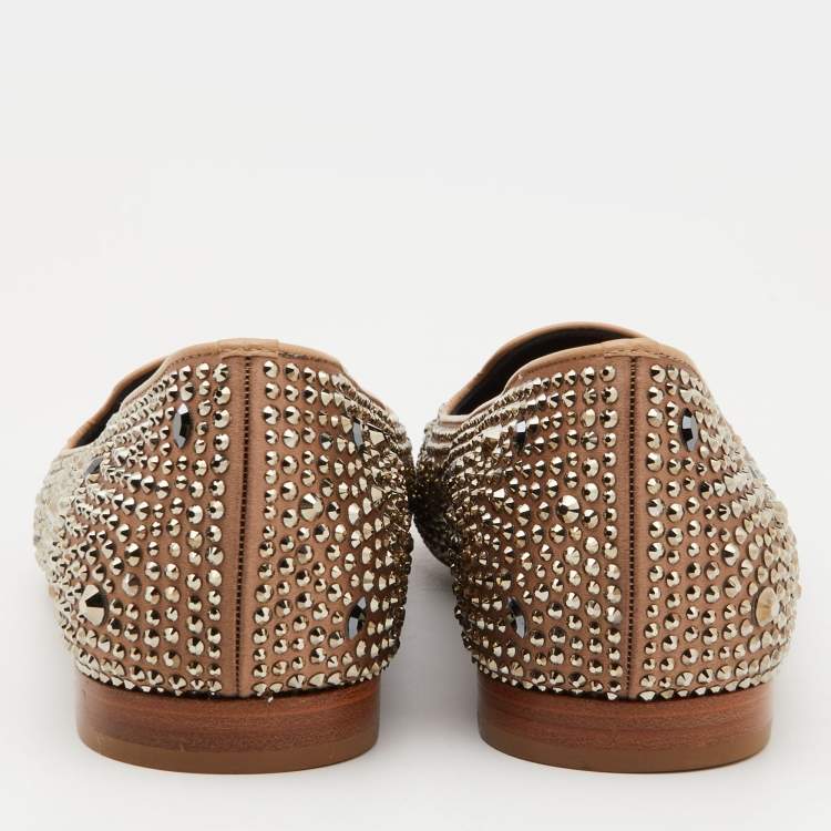 Pre Owned Gina Brown Crystal Embellished Satin and Leather Smoking Slippers Size 38.5