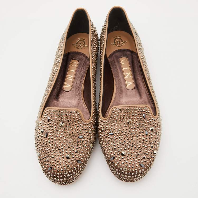 Pre Owned Gina Brown Crystal Embellished Satin and Leather Smoking Slippers Size 38.5