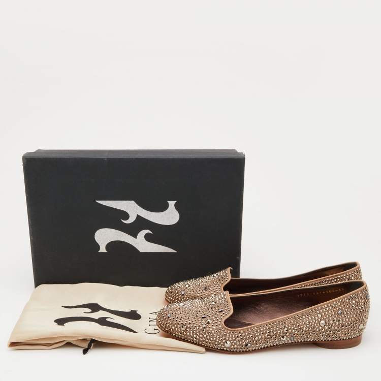 Pre Owned Gina Brown Crystal Embellished Satin and Leather Smoking Slippers Size 38.5