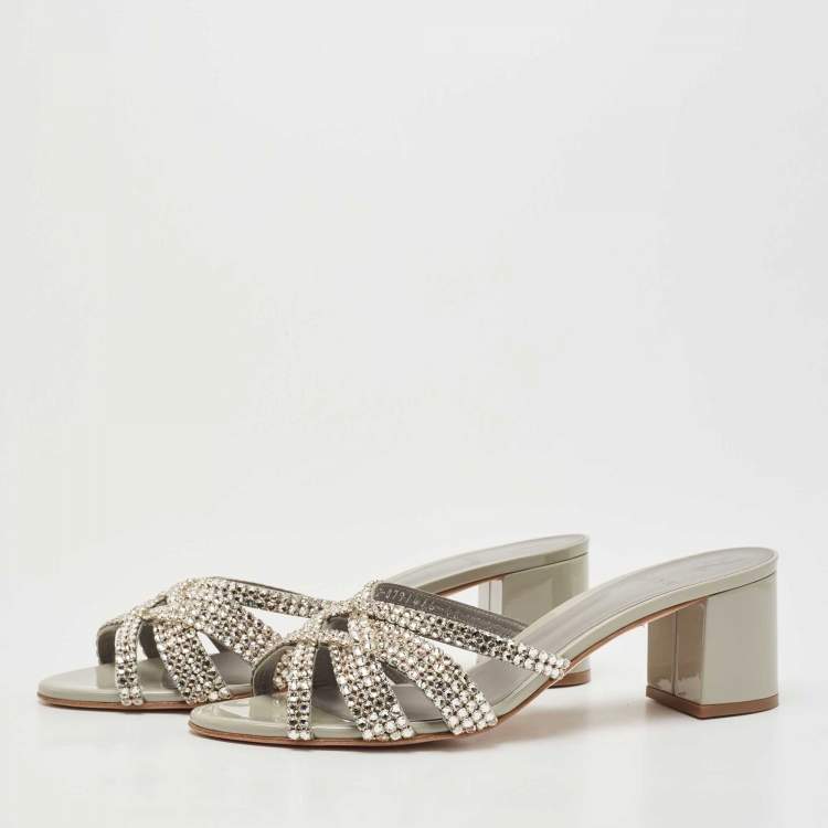 Pre Owned Gina Grey Leather Crystal Embellished Slide  Sandals Size 42 