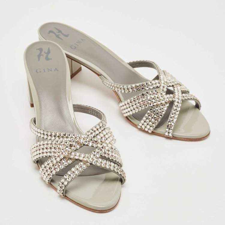 Pre Owned Gina Grey Leather Crystal Embellished Slide  Sandals Size 42 