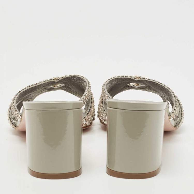 Pre Owned Gina Grey Leather Crystal Embellished Slide  Sandals Size 42 