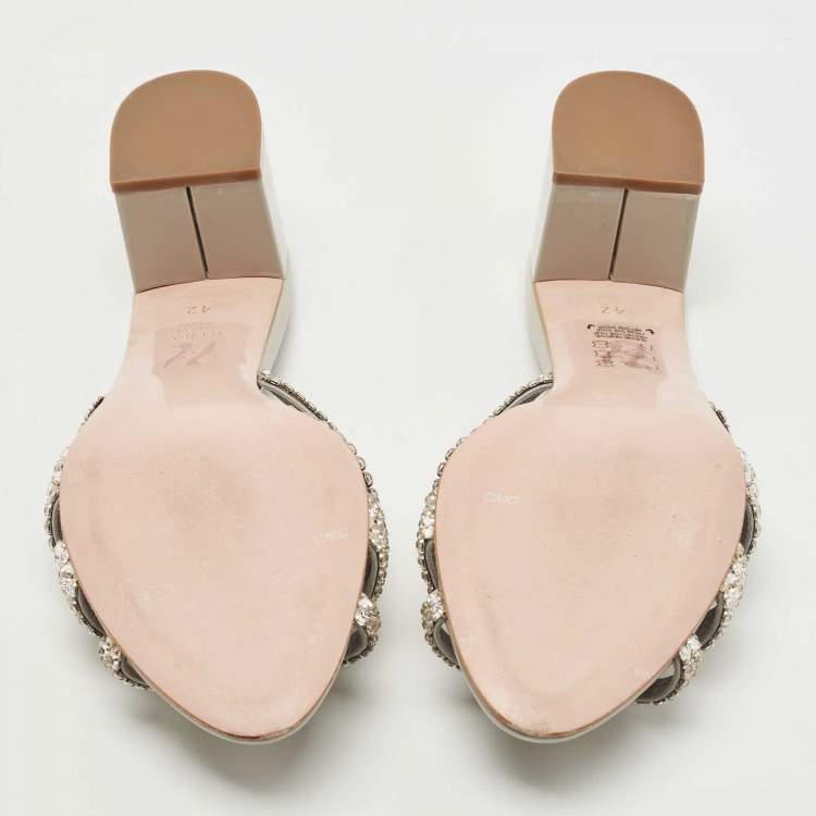 Pre Owned Gina Grey Leather Crystal Embellished Slide  Sandals Size 42 