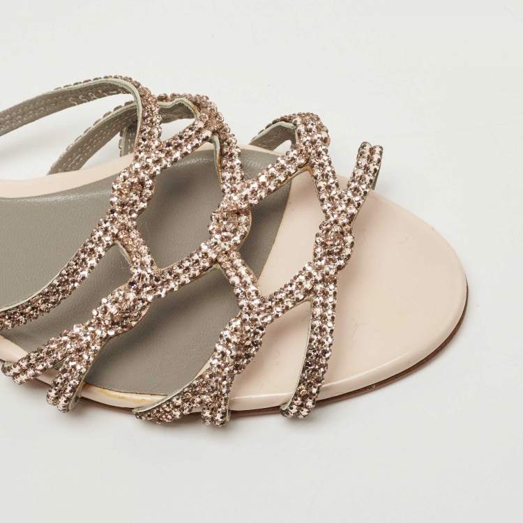 مملوكة مسبقًا Gina Beige Patent Leather Crystal Olson Flat Slides Size 39 