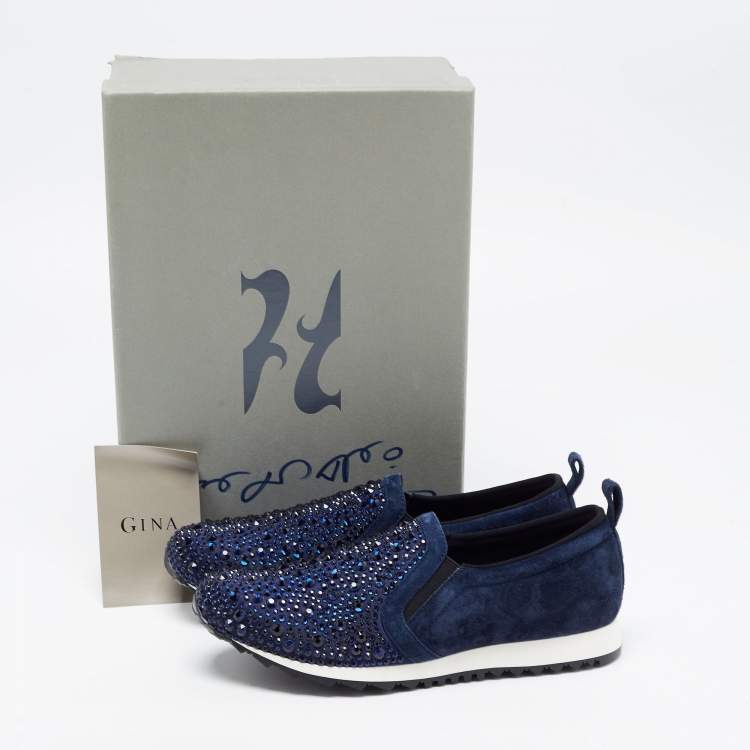 Pre Owned Gina Blue Suede Crystal Embellished Slip On Sneakers Size 39