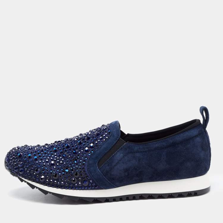 Pre Owned Gina Blue Suede Crystal Embellished Slip On Sneakers Size 39