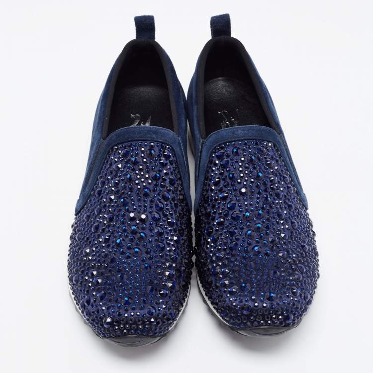 Pre Owned Gina Blue Suede Crystal Embellished Slip On Sneakers Size 39