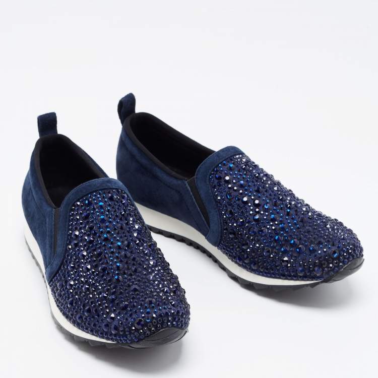 Pre Owned Gina Blue Suede Crystal Embellished Slip On Sneakers Size 39