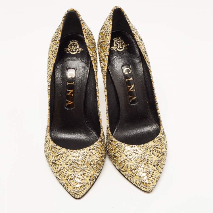 Pre Owned Gina Metallic Gold/Silver Glitter Lace Pointed Toe Pumps Size 38.5