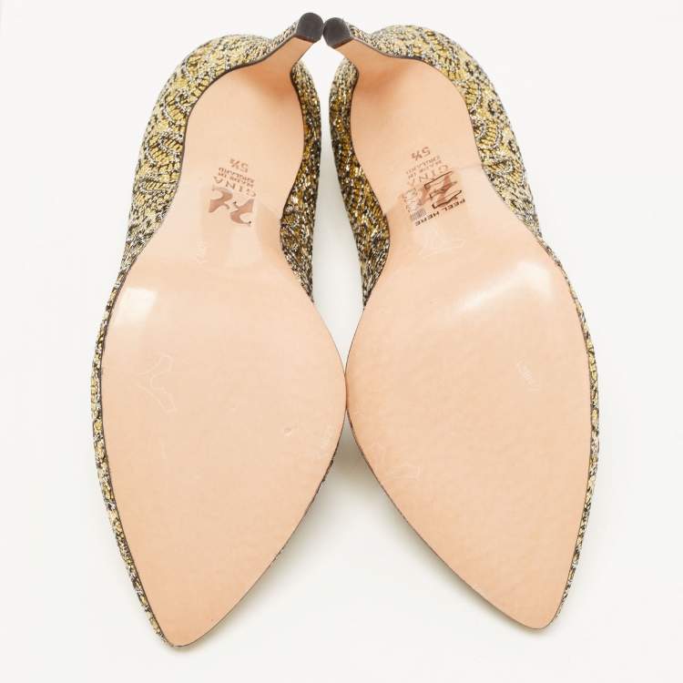 Pre Owned Gina Metallic Gold/Silver Glitter Lace Pointed Toe Pumps Size 38.5