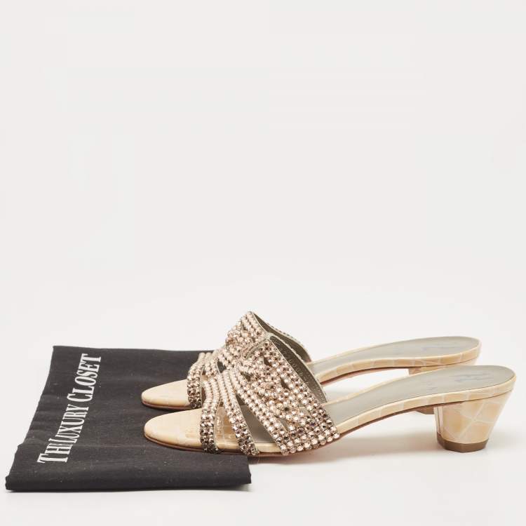 Pre Owned Gina Pink/Beige Crystal Embellished Leather Slide Sandals Size 39