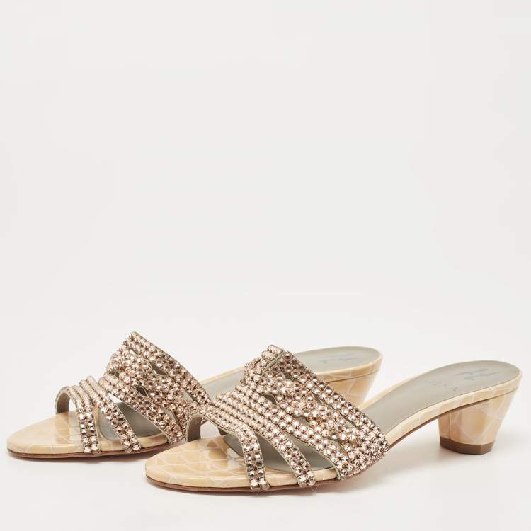 Pre Owned Gina Pink/Beige Crystal Embellished Leather Slide Sandals Size 39