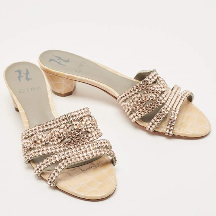 Pre Owned Gina Pink/Beige Crystal Embellished Leather Slide Sandals Size 39