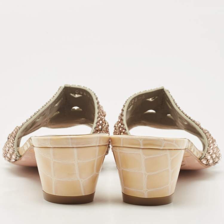 Pre Owned Gina Pink/Beige Crystal Embellished Leather Slide Sandals Size 39