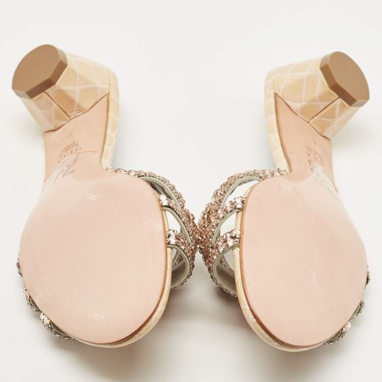 Pre Owned Gina Pink/Beige Crystal Embellished Leather Slide Sandals Size 39