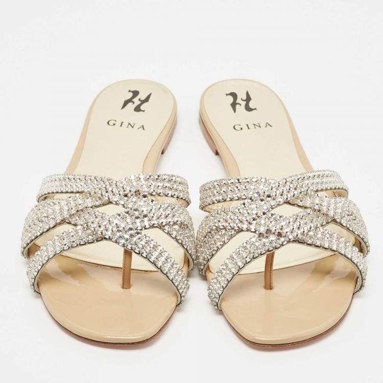 Pre Owned Gina Silver Crystal Embellished Leather Thong Flat Slides Size 41.5