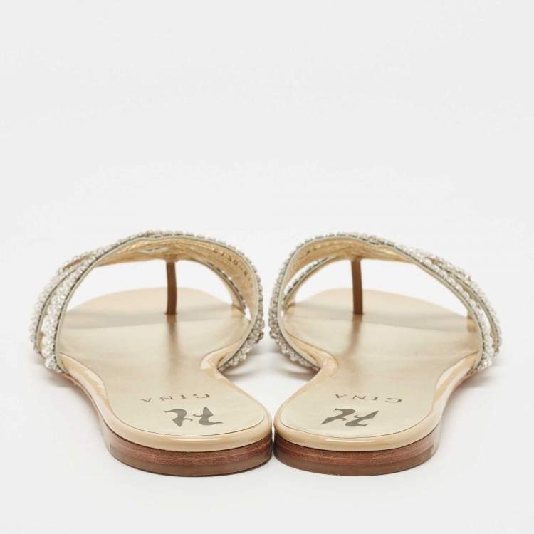 Pre Owned Gina Silver Crystal Embellished Leather Thong Flat Slides Size 41.5