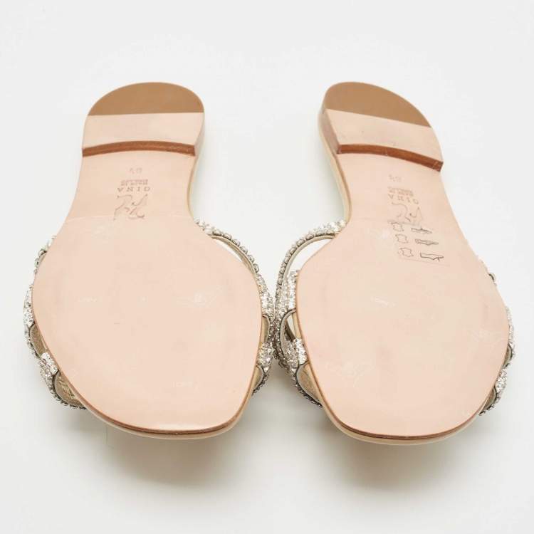 Pre Owned Gina Silver Crystal Embellished Leather Thong Flat Slides Size 41.5