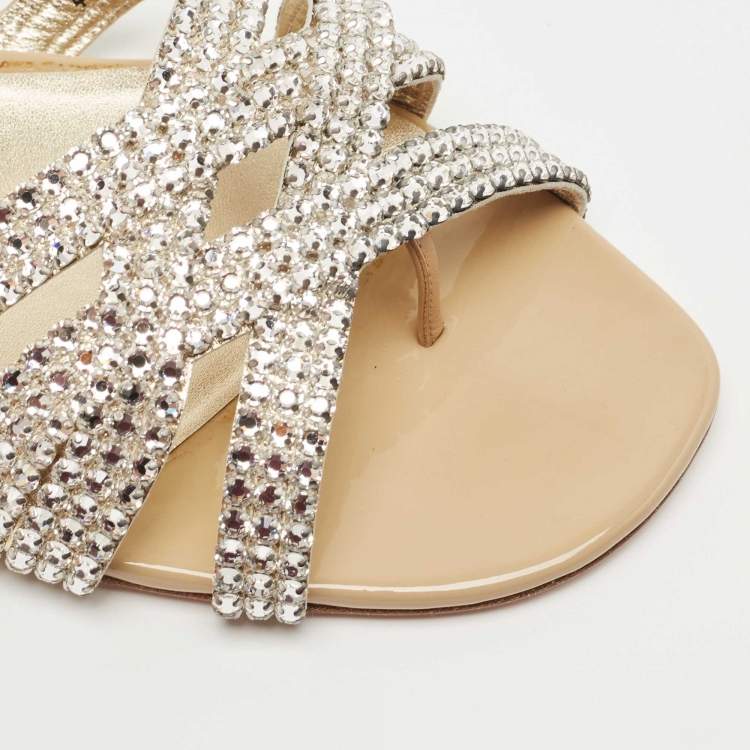 Pre Owned Gina Silver Crystal Embellished Leather Thong Flat Slides Size 41.5