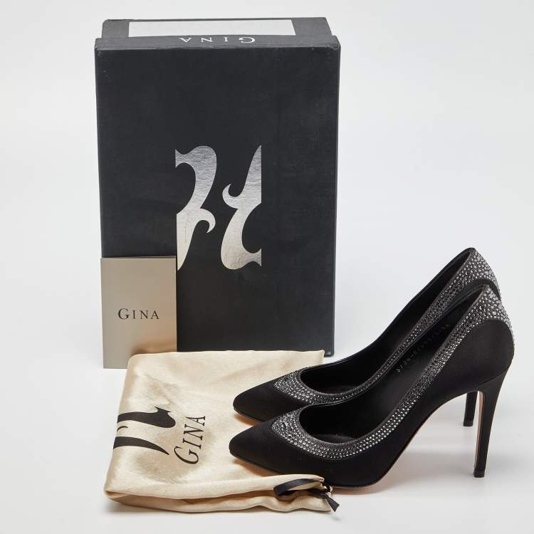 Pre Owned Gina Black Satin Crystal Embellished Renee Pumps Size 38.5