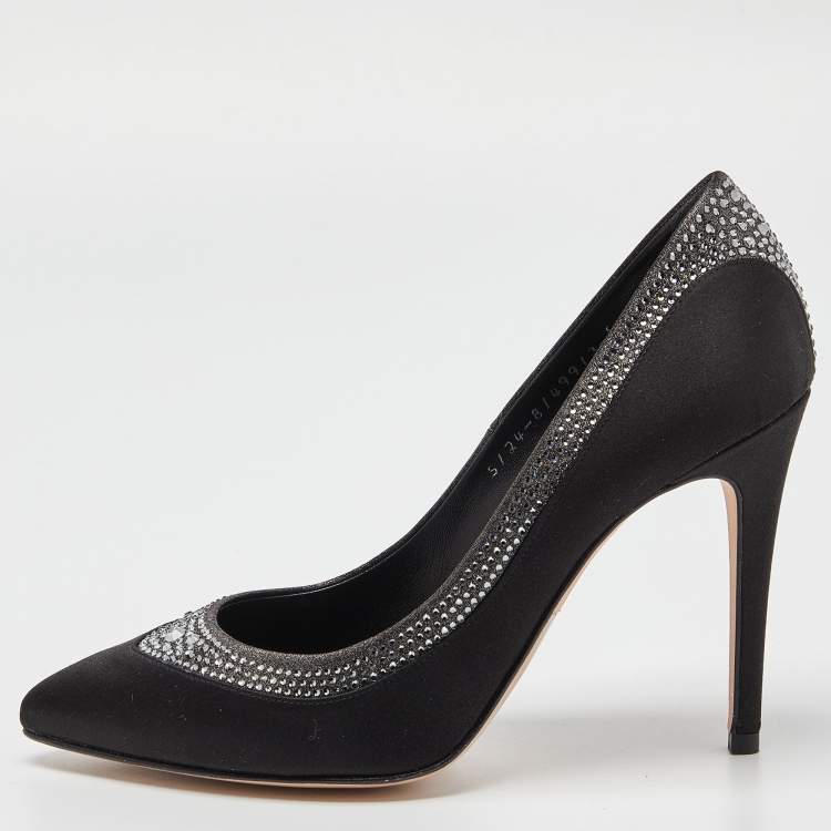 Pre Owned Gina Black Satin Crystal Embellished Renee Pumps Size 38.5