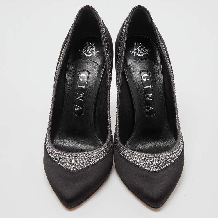 Pre Owned Gina Black Satin Crystal Embellished Renee Pumps Size 38.5