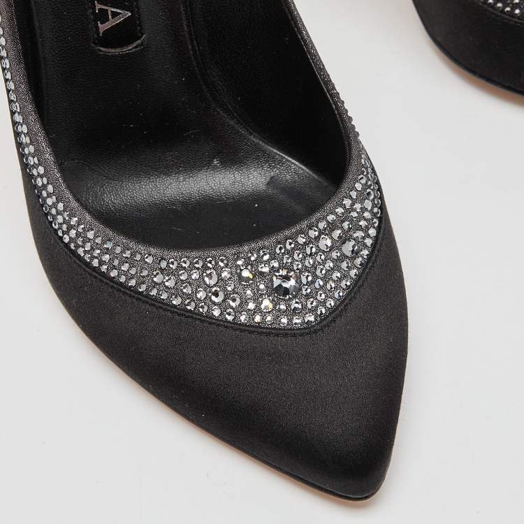 Pre Owned Gina Black Satin Crystal Embellished Renee Pumps Size 38.5