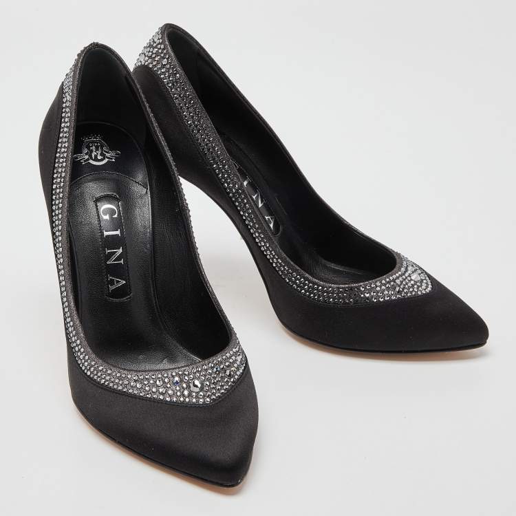 Pre Owned Gina Black Satin Crystal Embellished Renee Pumps Size 38.5