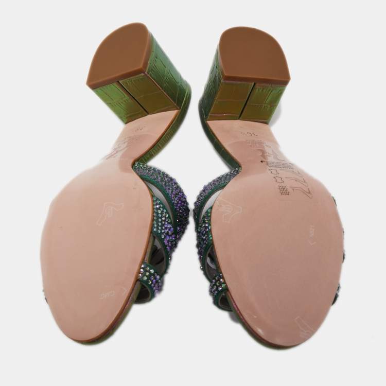 مملوكة مسبقًا Gina Multicolor Croc Embossed Leather Embellished Slides Size 36.5