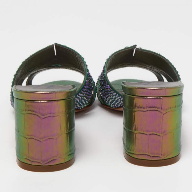 مملوكة مسبقًا Gina Multicolor Croc Embossed Leather Embellished Slides Size 36.5