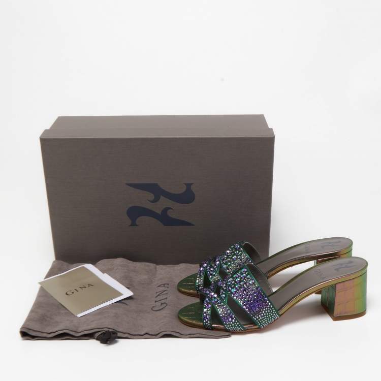 مملوكة مسبقًا Gina Multicolor Croc Embossed Leather Embellished Slides Size 36.5