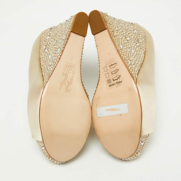 Pre Owned Gina Beige Crystal Embellished Satin Belle Open Toe Wedge Pumps Size 37