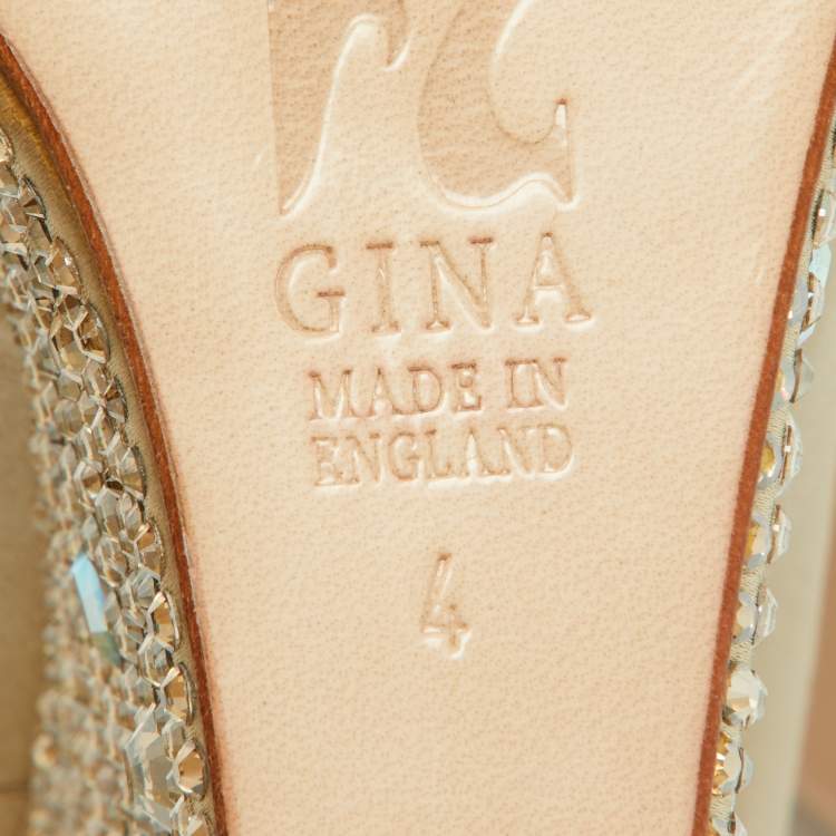 Pre Owned Gina Beige Crystal Embellished Satin Belle Open Toe Wedge Pumps Size 37