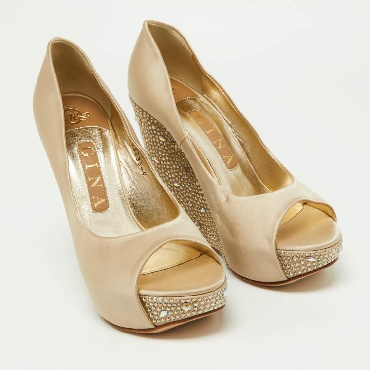 Pre Owned Gina Beige Crystal Embellished Satin Belle Open Toe Wedge Pumps Size 37