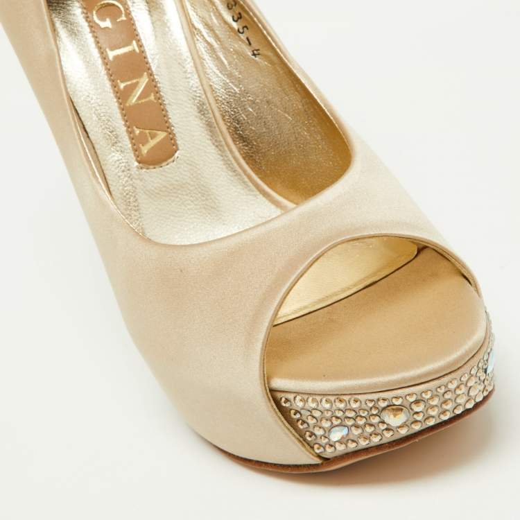 Pre Owned Gina Beige Crystal Embellished Satin Belle Open Toe Wedge Pumps Size 37