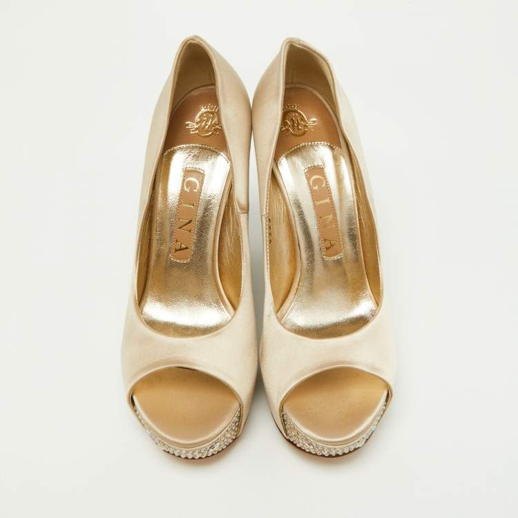 Pre Owned Gina Beige Crystal Embellished Satin Belle Open Toe Wedge Pumps Size 37