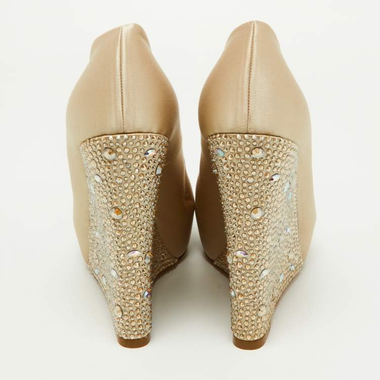Pre Owned Gina Beige Crystal Embellished Satin Belle Open Toe Wedge Pumps Size 37
