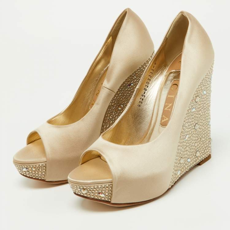 Pre Owned Gina Beige Crystal Embellished Satin Belle Open Toe Wedge Pumps Size 37