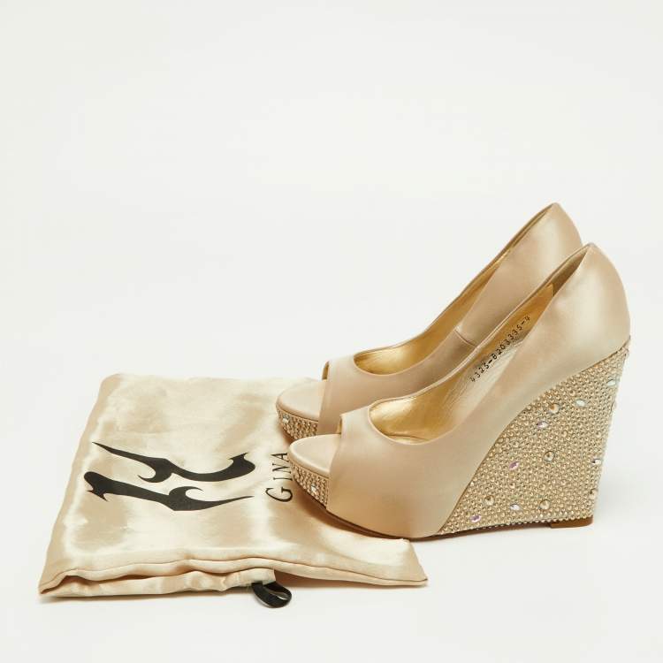 Pre Owned Gina Beige Crystal Embellished Satin Belle Open Toe Wedge Pumps Size 37